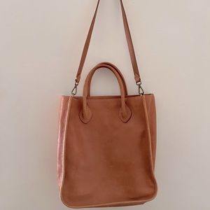 Madewell Tan Leather Tote with blue and white striped lining